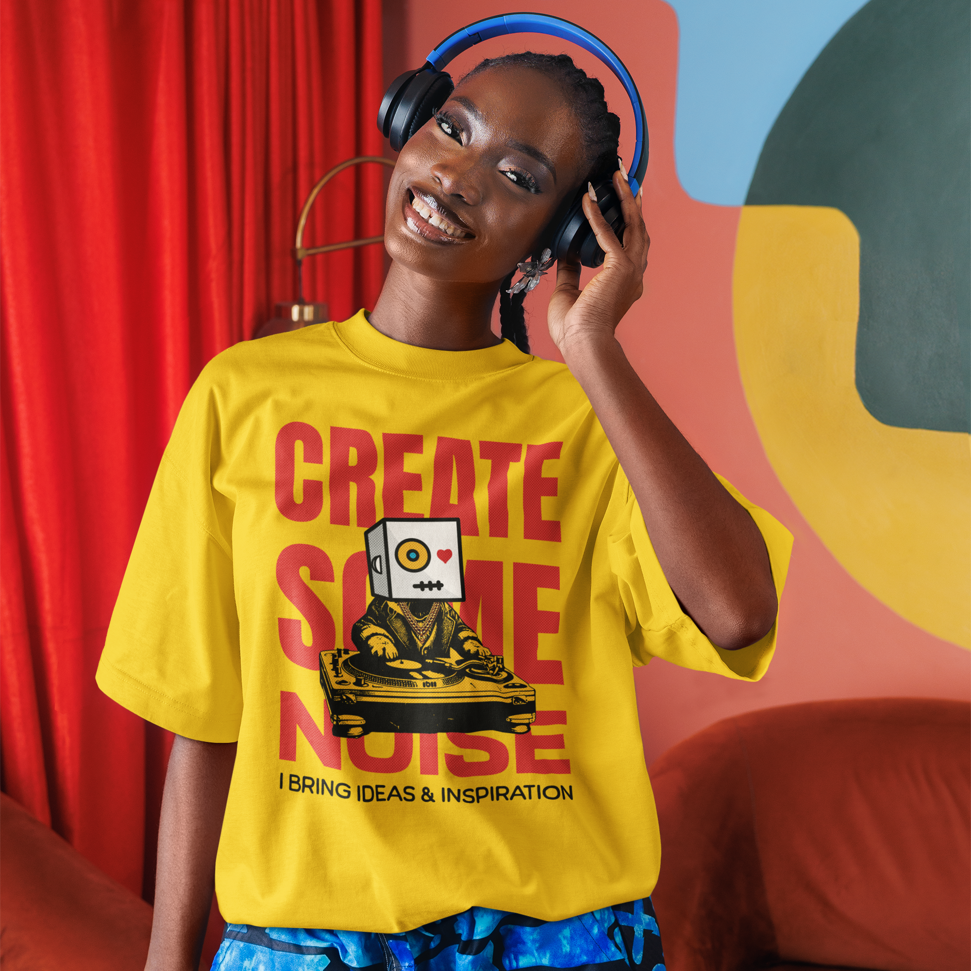 Woman wearing headphones wearing ibii T-shirt